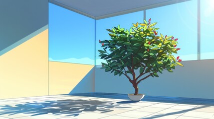 Bright illustration of an empty room with a large window and a small vibrant plant in the corner.