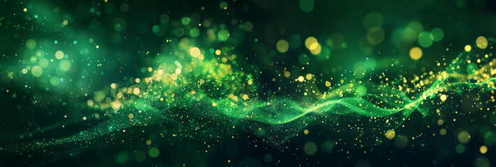 banner with curved green waves with bokeh lights , golden sparkles, shiny glitters particles on dark background. Saint Patrick's Day, ecology concept, for banner, background, digital art.
