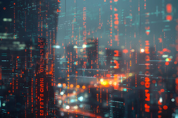 A cityscape with a lot of red and blue lights