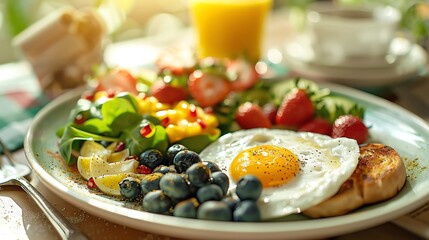 Lush vegan breakfast plate, soft morning light, closeup, vibrant colors