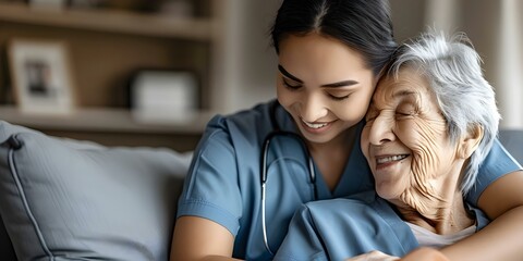 Compassionate healthcare provider cares for senior patient in their home. Concept Home healthcare services, Elderly care, Compassionate provider, In-home medical assistance, Senior patient support