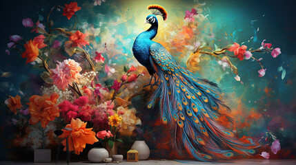Peacock in the floral paradise.