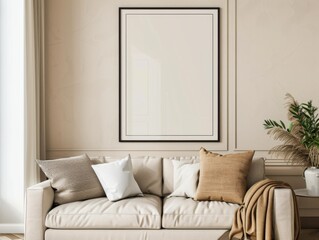 Mockup empty, blank poster frame, the frame has an aspect ratio of 3:4. frame hanging on a wall, with windows, some furniture, sofa, table, light