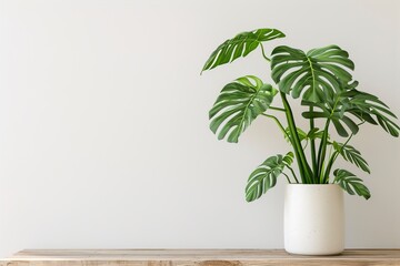 Potted monstera on wooden table near white wall.