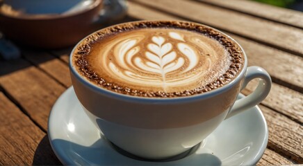 Close-up of a cup of cappuccino with latte art, on a wooden table outside in a sunny day with defocused background.