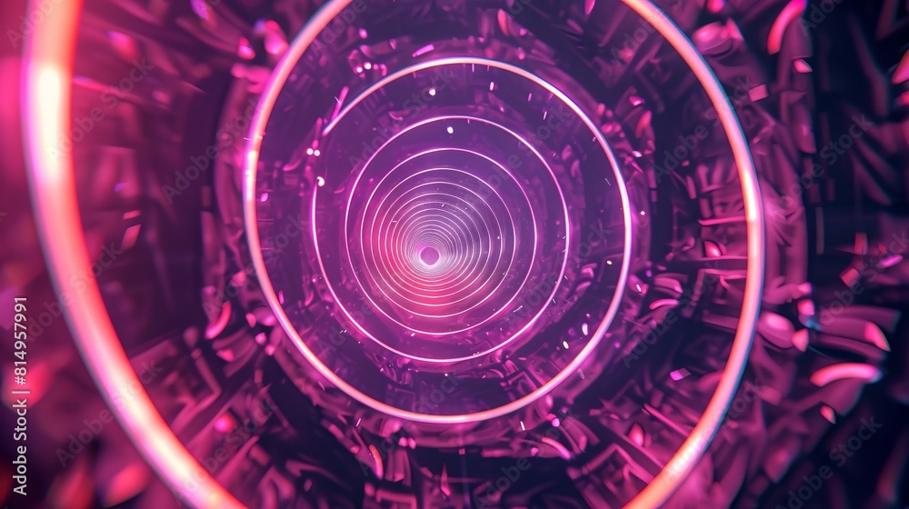 Wall mural this graphic design features an abstract illusion of a spiral, composed of pink and violet neon line