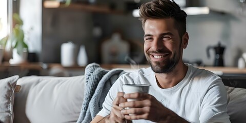 A young man in high spirits recuperating at home with a warm beverage. Concept Wellness, Relaxation, Recovery, Comfort, Lifestyle