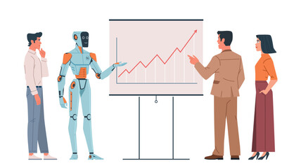 Cyborg stands at the blackboard with a graph surrounded by team. Modern flat cartoon illustration isolated on white background