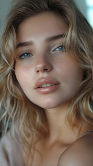 Close-Up Portrait of a Young Woman with Golden Hair and Blue Eyes, Reflecting Thoughtfulness