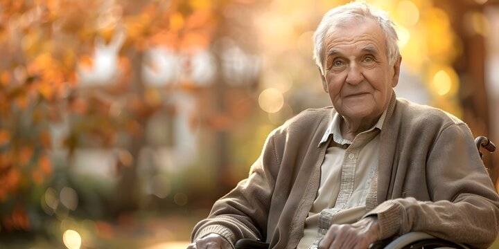 Elderly man in wheelchair at retirement home facing mobility challenges smiling. Concept Elderly Care, Wheelchair Mobility, Retirement Living, Smiling Portrait, Seniors' Challenges
