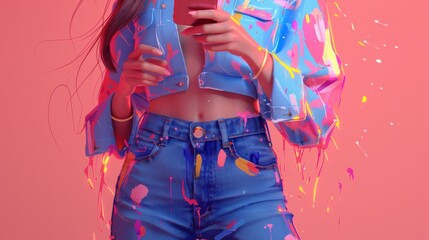 Illustration of a woman using a smartphone on a pink background with colorful paint splashes on her clothing.