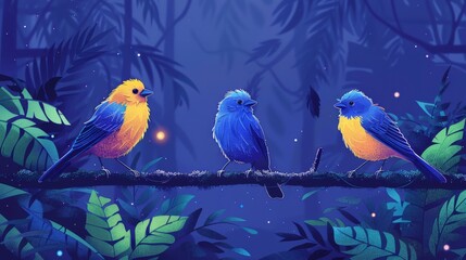 Colorful tropical birds perched on a branch, surrounded by lush foliage with a tranquil purple-blue backdrop.