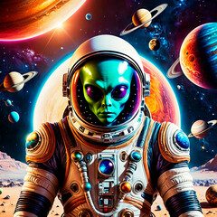an alien in a spacesuit against the background of space and planets