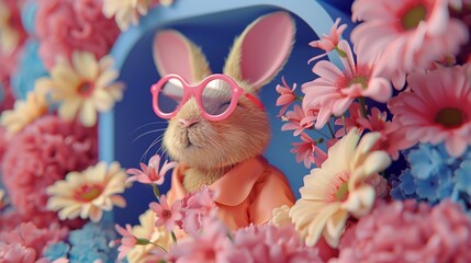 A whimsical illustration of an Easter bunny wearing pink glasses, surrounded by colorful flowers.