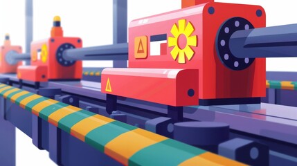 Fototapeta premium Illustration of an electric vehicle battery on an automated mass production assembly line with machinery and conveyor belt.