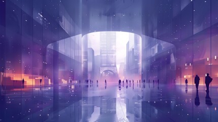 Futuristic business environment with people walking in a spacious, illuminated corridor featuring sleek design.