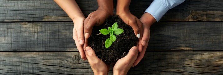 A group of diverse hands nurturing a sapling, symbolizing teamwork and environmental care