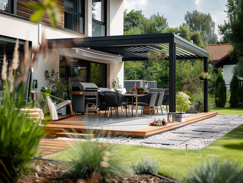 Eine sch&ouml;ne Gartenterrasse an einem Haus mit modernen Gartenm&ouml;beln. BBQ im Garten