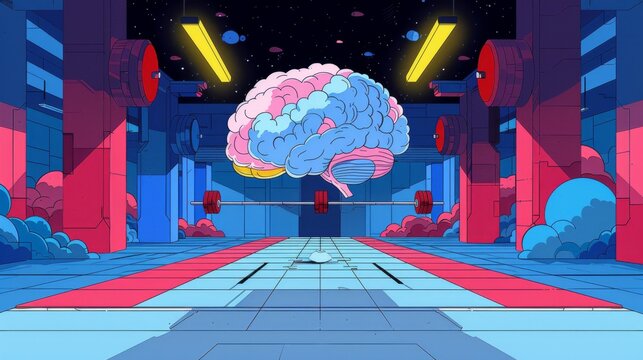 A colorful illustration of a giant brain with arms lifting weights like a human in a gym setting at night.