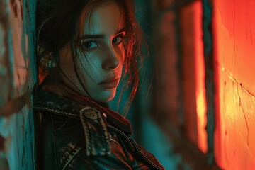 Woman in Featuring edgy textures like leather and mesh under stark, industrial lighting for a cyberpunk vibe. Visualize modern dystopian ensembles from a side angle, real photo