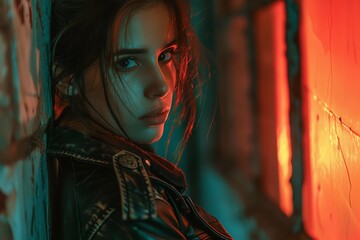 Fototapeta premium Woman in Featuring edgy textures like leather and mesh under stark, industrial lighting for a cyberpunk vibe. Visualize modern dystopian ensembles from a side angle, real photo