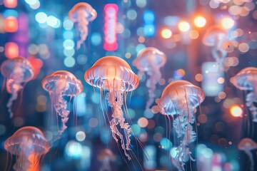 A pod of luminescent jellyfish floating gracefully through an otherworldly