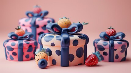 Colorful gift boxes with berries decorations on a pink background, in a whimsical illustration.