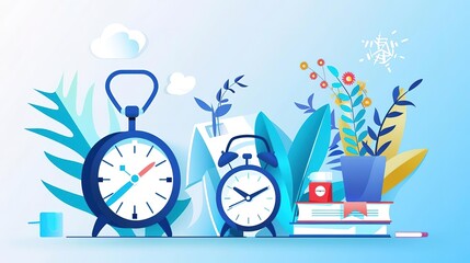 A blue and white alarm clock sits on a table next to a stack of books. A potted plant is behind the clock. The clock is set for 7:00 AM.