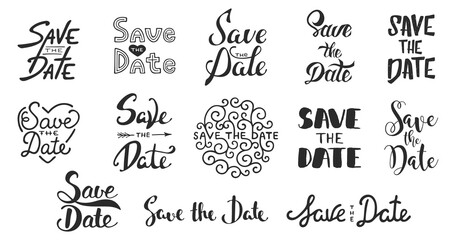 PNG Set of 13 hand drawn typography design element for greeting cards or invitations. Save the date calligraphy phrases. Unique lettering. Vintage templates. 