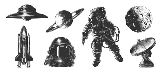 PNG engraved style space or cosmic collection for posters, decoration and print. Hand drawn sketches of in monochrome. Detailed vintage woodcut style drawing.	
