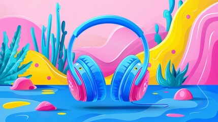 Fototapeta premium Vibrant illustration of blue headphones with pink accents amid whimsical shapes and a colorful, abstract background.