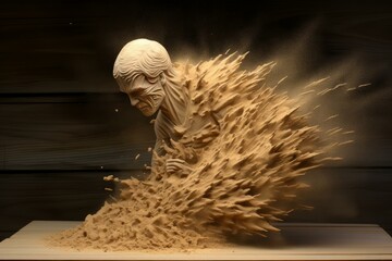 Captivating sand sculpture resembling a thinker in a whirlwind, symbolizing deep contemplation and ephemeral nature