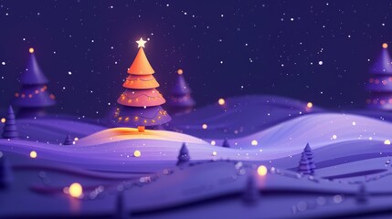 Naklejka premium 3D illustration of a magical winter landscape with glowing Christmas trees under a starry night sky.