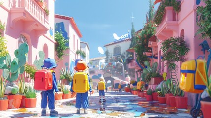 Fototapeta premium Colorful illustration of children with backpacks walking in a vibrant school garden with lush plants and charming buildings.