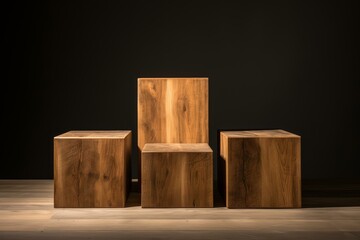 Three simple wooden cubes staged on a wooden floor against a dark backdrop, showcasing natural wood texture