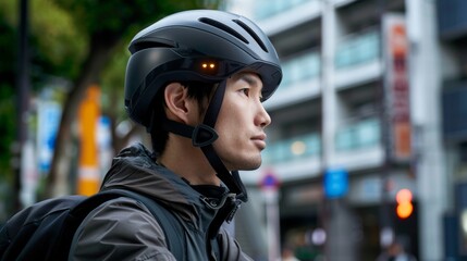 Man go to work at office wearing helmet with bicycle on street around building on city. Bike commuting, Commute on bike, Business commuter concept.