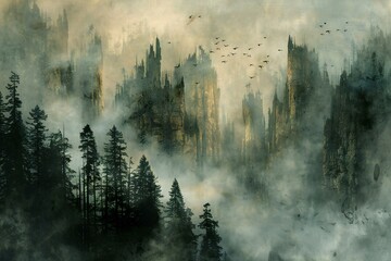 Depicting a cubism art style , sequoia wallpapers in the fog