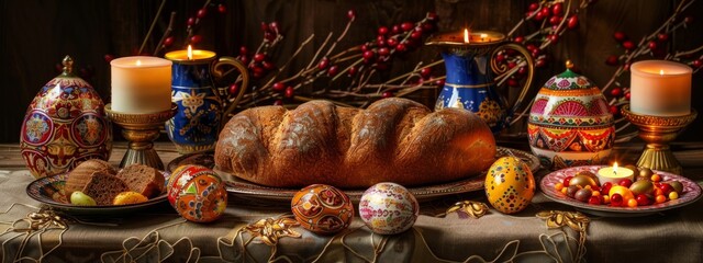 Obraz premium A table with a variety of decorative items, including a large loaf of bread