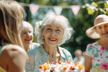 Senior woman with friends on outdoor summer garden