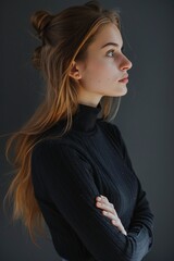 Naklejka premium Profile Portrait Pretty Woman Crossed Arms