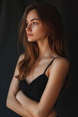 Naklejka premium Profile Portrait Pretty Woman Crossed Arms