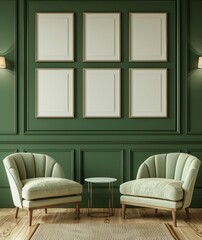 3D render illustration interior of a green wall room with six mockup frame, scandinavian style