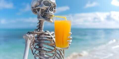 Skeleton enjoying a refreshing orange juice on a tropical beach under a blue sky. Concept Vacation, Skeletons, Orange Juice, Tropical Beach, Blue Sky