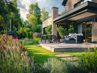 Obraz premium Eine schöne Gartenterrasse an einem Haus mit modernen Gartenmöbeln. BBQ im Garten