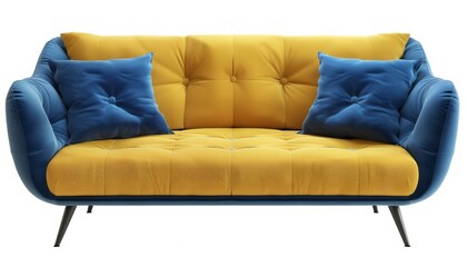 Fototapeta premium 3D-rendered modern sofa in Aspen Gold and Princess Blue on white background for architectural use. Minimalistic design, realistic appearance.