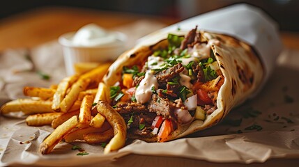 Delicious shawarma complete with fries, meat served on wooden table