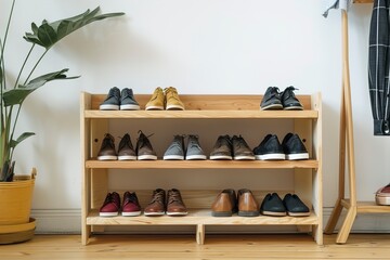 Shelving unit with shoes near white wall in hall