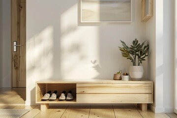 Shelving unit with shoes near white wall in hall