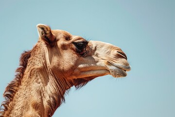 Side view of a camels head against a clear background