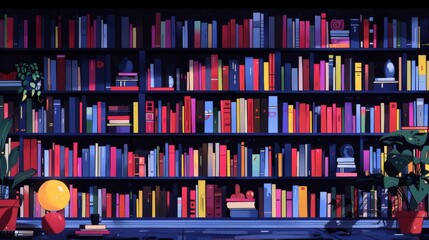 A vibrant, digital illustration of a full-wall library shelf stacked high with a multitude of colorful books and decorative objects.